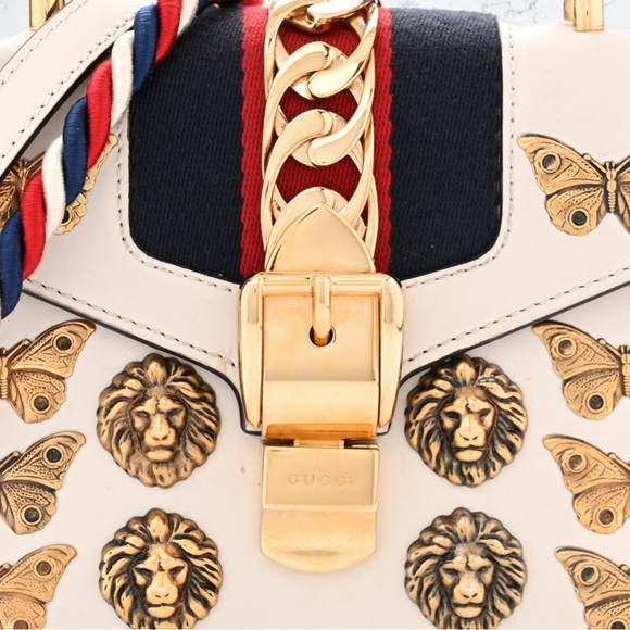 Gucci Calfskin Animal Studs Mini Sylvie Top Handle Bag White - Picture 6 of 10